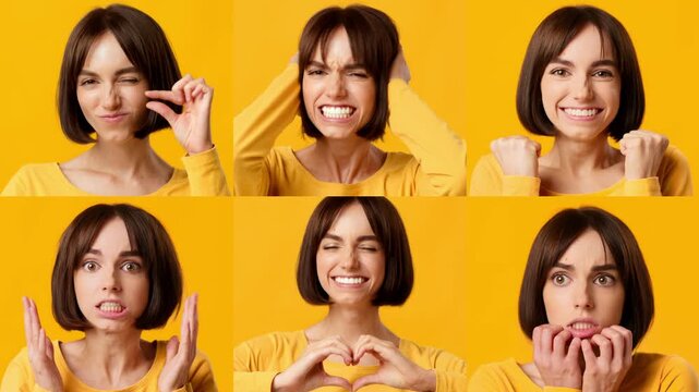 A young woman showcases a range of intense emotions through facial expressions. Her playful and dramatic looks are set against a bright yellow backdrop, emphasizing her vibrant energy.