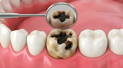 Close-Up View of Severely Decayed Molar Tooth with Dental Mirror and Healthy Surrounding Teeth