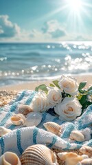 White Roses and Seashells on Beach Towel by the Ocean beach ocean towel white seashells roses sea
