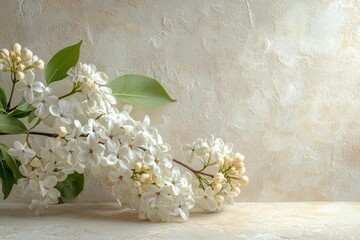 Elegant White Lilac Branch on Textured Neutral Background lilac branch elegant background flowers ai