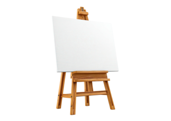 Wooden easel holding a blank, white canvas, angled slightly, isolated on black