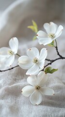 Delicate White Dogwood Flowers on Textured Fabric dogwood white delicate flower bloom blossom floral