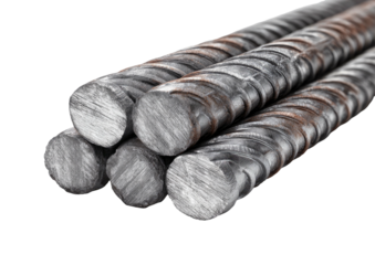 Stack of ribbed reinforcing steel bars, dark gray, on black background
