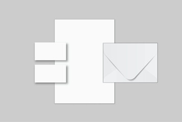 Minimal white envelope, business card and paper mockup set on neutral background, clean stationery composition for corporate branding, business correspondence, invitation layout, print presentation