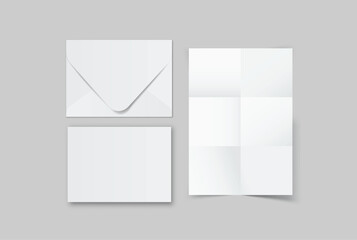 Minimal white envelope and paper mockup set on neutral background, clean stationery composition for corporate branding, business correspondence, invitation layout, print presentation and copy space.