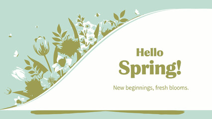 Hello Spring Greeting Card Design with Fresh Tulips and Green Foliage on Light Green Background