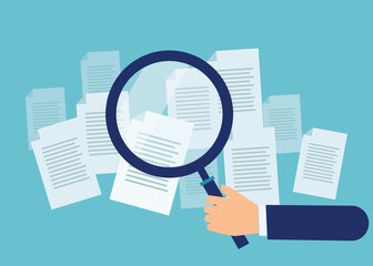 Document Review and Data Analysis Process with Magnifying Glass Illustration