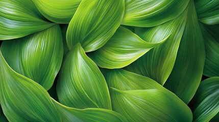 Close-up of vibrant green leaves. Lush, overlapping foliage