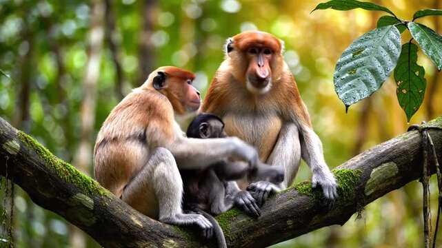 Proboscis Monkey Family on a Branch in Borneo Rainforest.