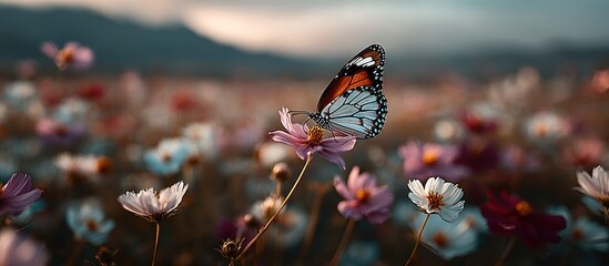 A butterfly rests on a flower in a field of blooms at dusk