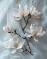 Delicate White Magnolia Flowers on Soft Fabric Background white delicate fabric flower floral bloom