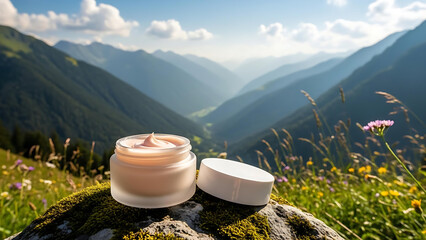Natural Skincare Cream in Mountain Landscape &ndash; Organic Beauty and Wellness Concept