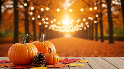 Autumn Pumpkins on Wooden Table with Warm Lights &ndash; Fall Harvest and Seasonal Background