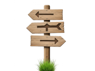 Wooden direction signpost with three arrows isolated on transparent background