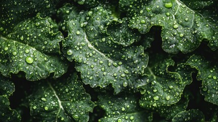 Close-up of dark green leaves, covered in water droplets