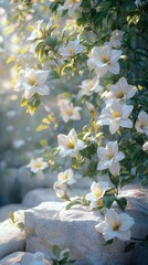 Delicate White Flowers Blooming on Rocks in Soft Sunlight sunlight delicate white flowers bloom rock
