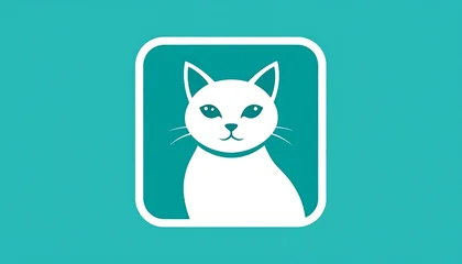 Minimalist White Cat Icon on Teal Background. © dina