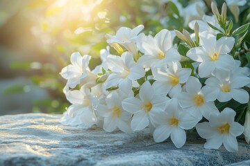 White Flowers on Stone Surface with Golden Sunlight and Bokeh Background stone sunlight bokeh bloom