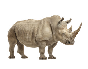 Obraz premium Large, grey rhino stands in profile, with two horns and wrinkled skin