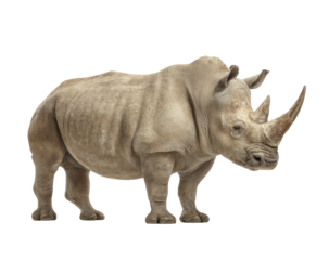 Large, grey rhino stands in profile, with two horns and wrinkled skin