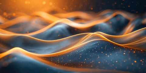 Abstract Blue Wave Pattern with Gold Highlights and Sparkling Particles in Digital Art Style