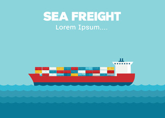 Illustration of a red cargo ship transporting containers across the blue sea © Uttam