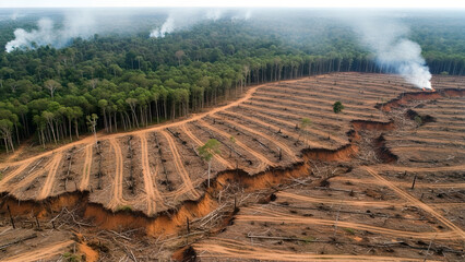 Aerial landscape of massive rainforest clearing and soil erosion for industrial plantation development