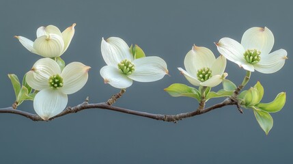 Close-up of delicate white dogwood blossoms on a branch