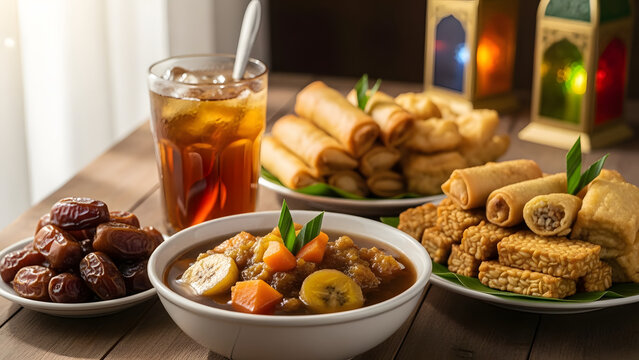 Traditional Indonesian Iftar spread featuring kolak pisang, dates, spring rolls, and tempeh on a wooden table with Ramadan lanterns. Perfect for Islamic fasting month and food culture concepts