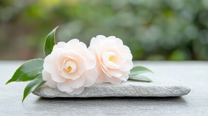 Tranquil Pink Camellias and Leaves on a Grey Stone for Spa and Wellness Concepts stone spa wellness