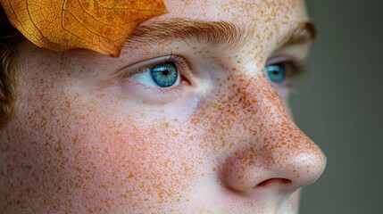 Close-up of freckled face with autumn leaf