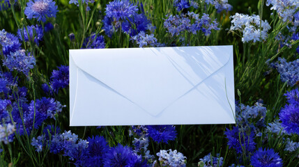 White envelope blue flower field nature background, romantic floral message concept serene, summer garden greeting card design