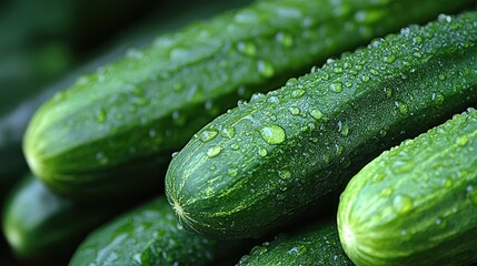 Close-up of fresh cucumbers covered in water droplets