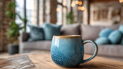 Blue mug ceramic mug wooden table living room home decor cozy modern soft focus warm light interior design blue mug ceramic mug wooden table