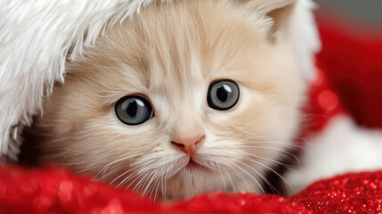 Cute kitten christmas fluffy cat holiday pet santa hat red background festive season adorable animal closeup portrait cozy winter celebration theme