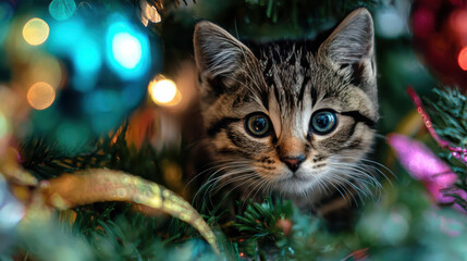 Kitten christmas tree cute pet cat funny holiday decoration colorful bauble festive light playful curiosity charm