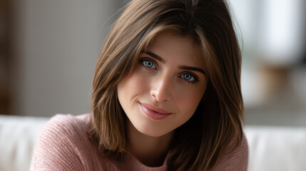 Woman portrait blue eye soft light casual clothing brown hair natural beauty smile indoor young adult calm expression woman portrait blue eye soft