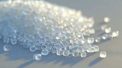 Plastic pellet polymer granule clear material translucent texture raw material manufacturing supply industrial plastic macro closeup plastic bead
