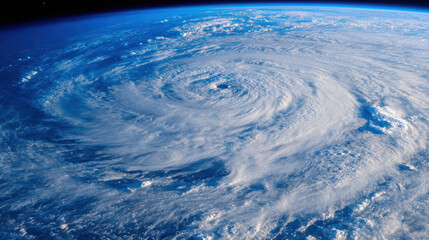 Satellite view cyclone storm cloud ocean atmosphere powerful swirling eye dramatic weather pattern high altitude perspective