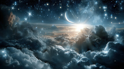 Starry sky half moon scenic cloudscape night dream fantasy light glow celestial vision serene mystical calm wonder