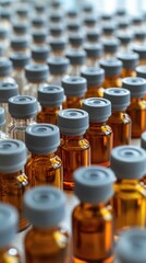 Rows of medical vials with vaccine liquid inside. Medicine for injection, pharmaceutical lab production