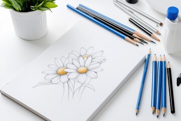 Sketchbook with Daisy Drawing and Art Supplies on White Table drawing sketchbook daisy table sketch