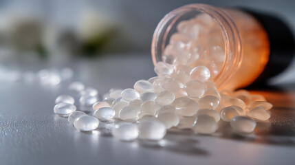 Plastic resin pellet macro polymer granule clear bead raw material industrial manufacturing container spill glossy texture closeup view