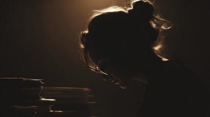 Stressed woman silhouette dark office paperwork pile overtime work burnout job pressure tired employee late night depression anxiety