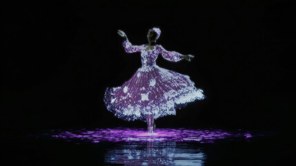 Hologram ballerina digital dance neon light futuristic art cyberpunk style glowing dress virtual reality 3d render graceful hologram ballerina