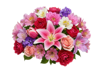 Vibrant floral arrangement featuring lilies, roses, and daisies in a lush, colorful bouquet