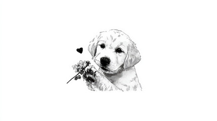 Cute puppy dog flower heart black and white illustration sketch cartoon adorable puppy portrait with flower and heart detail