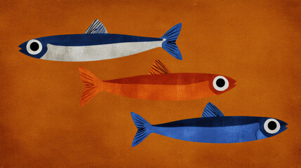 Vintage fish illustration flat color fish retro fish art orange fish blue fish aquatic animal simple design playful mood textured background