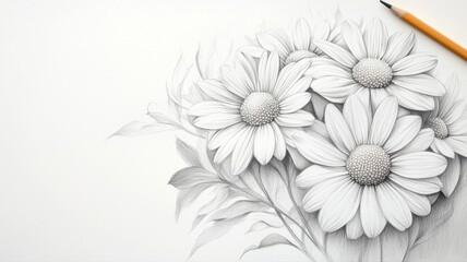 Pencil Sketch of Daisies Bouquet with Pencil on Paper, Hand Drawn Floral Illustration daisies floral