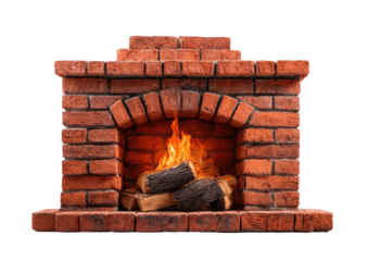 Brick fireplace with arched opening, burning logs and a lively flame.